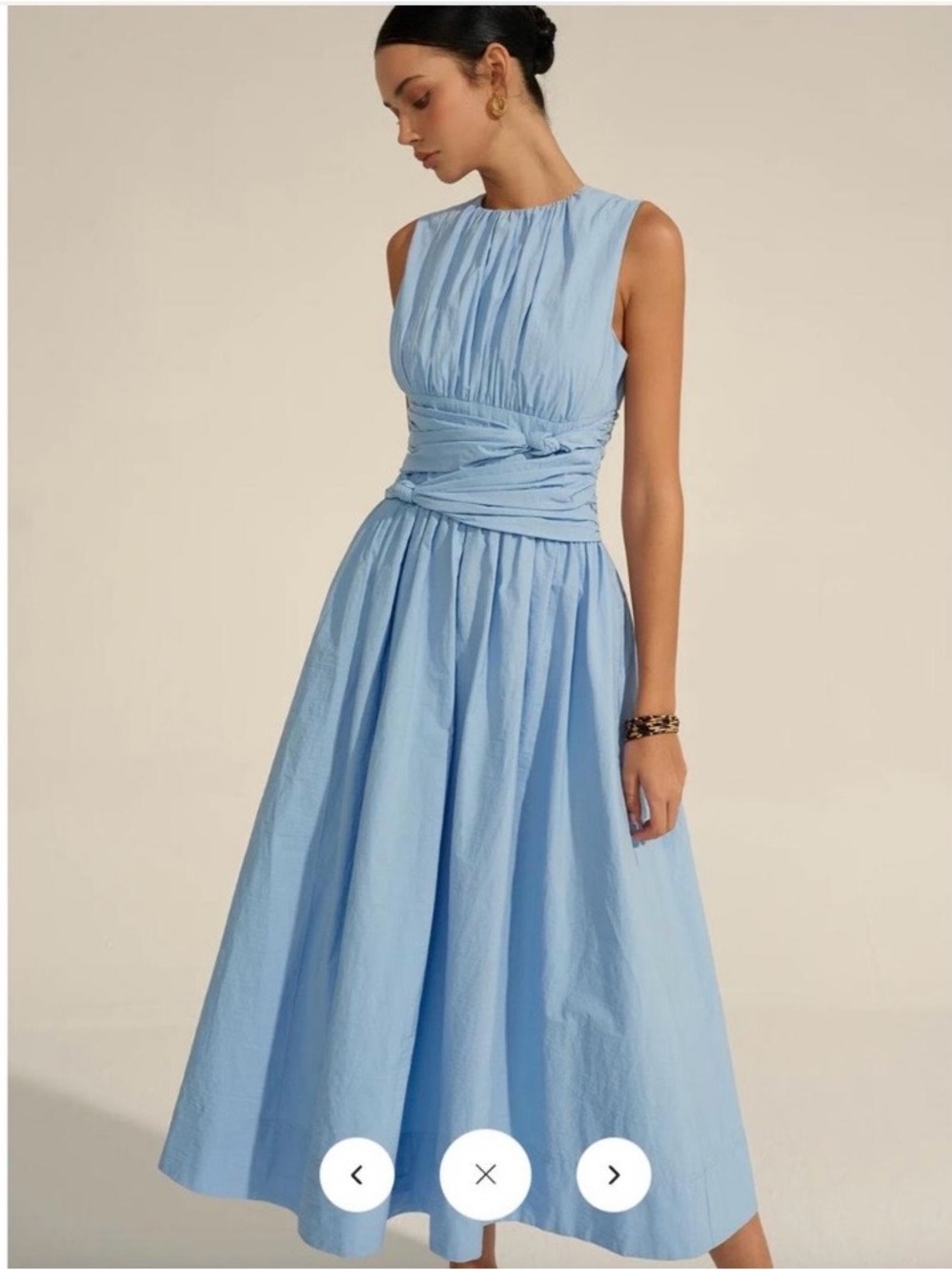 Sleeveless Light Blue Gathered Waist Midi Dress